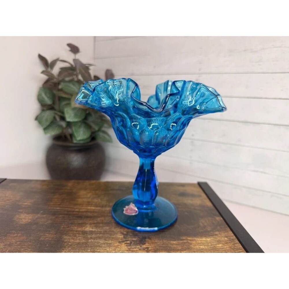 Fenton Cobalt Blue Ruffled Glass Pedestal Compote